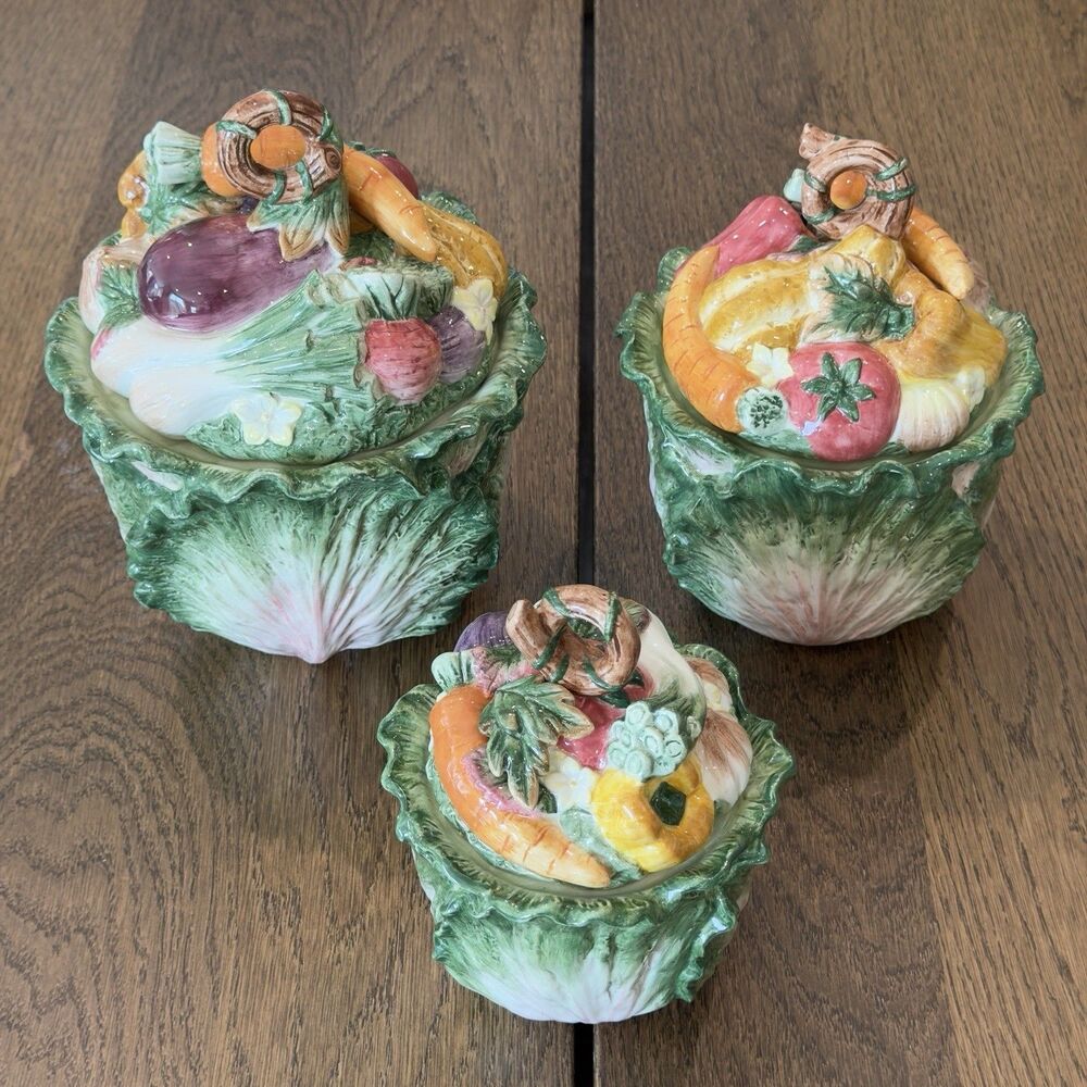 Fitz and Floyd Gardening Gourmet Canisters Set Of 3 Cabbage Ceramic Vintage 1999